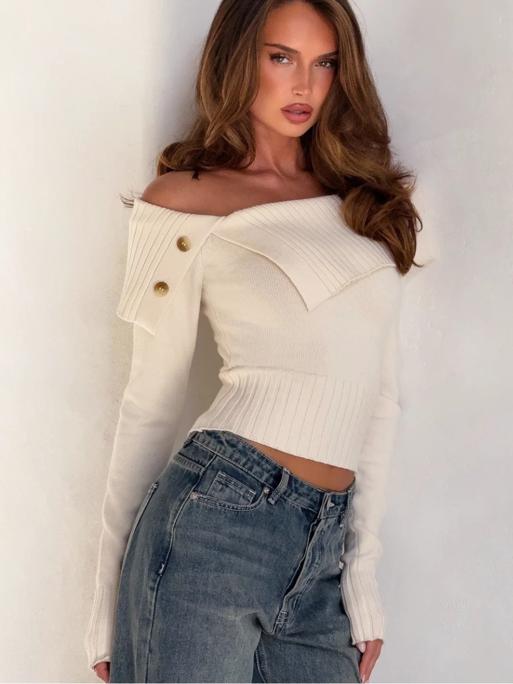 Off-Shoulder Cream Ribbed Sweater Top